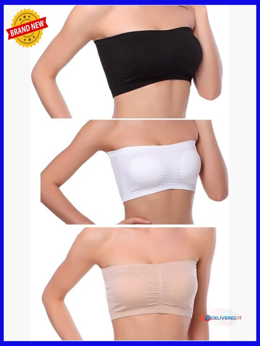 Seamless Strapless Bandeau Crop Tube Top Bra Padded Bralette 3 Pack